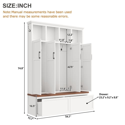 74.8" Modern Farmhouse Hall Tree with 4 Hidden Cabinets, 6 Hooks, Storage Drawers and Bench, Entryway Coat Rack Organizer, White