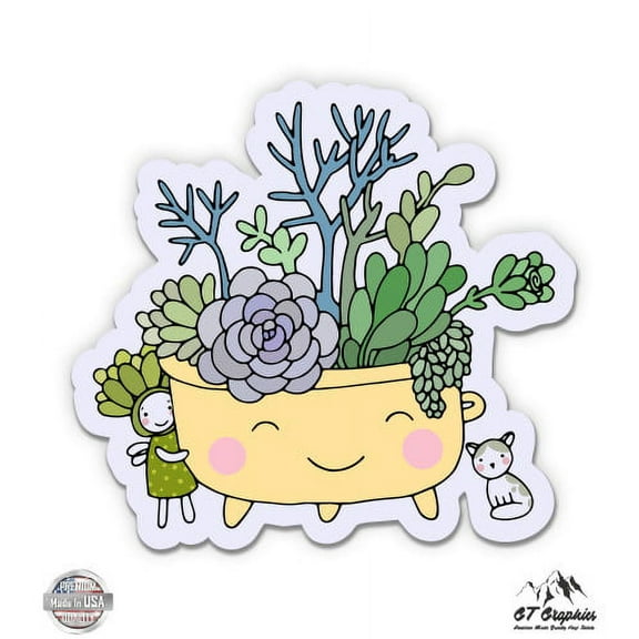 Cute Succulents in Pot - 3" Vinyl Sticker - For Car Laptop I-Pad Phone Helmet Hard Hat - Waterproof Decal