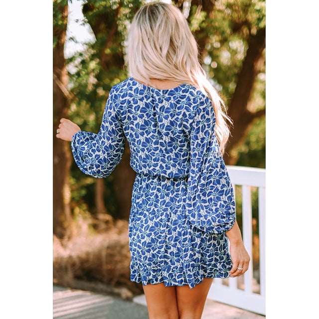 ABPHQTO Vestido túnica floral azul cielo azul/azul/albaricoque con cuello en V y mangas farol para mujer