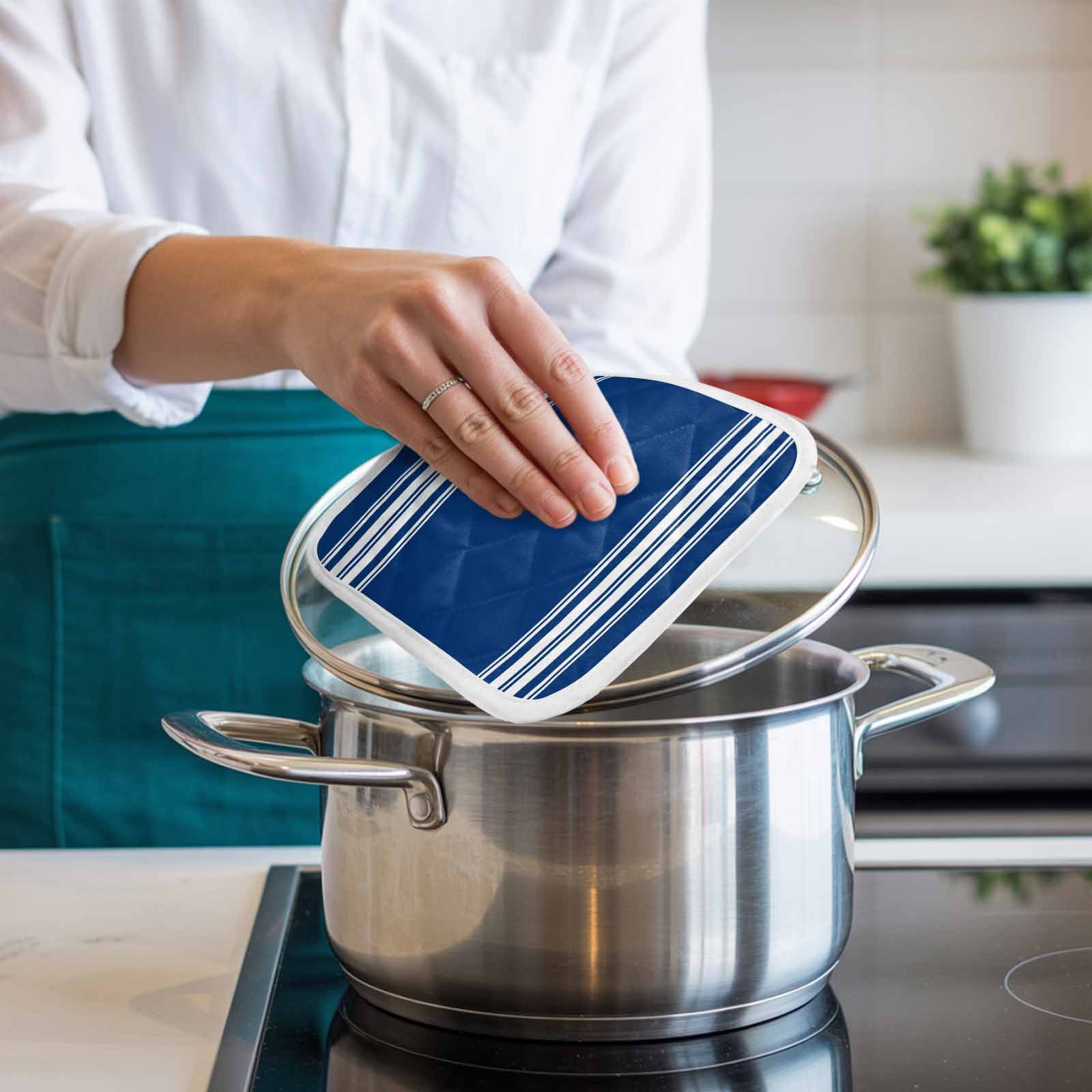 Blue Striped Pot Holders for Kitchen Heatproof Potholder, 3 Pack Farmhouse Blue White Stripes Hot Pads Multipurpose Oven Pads Cloth Potholders Trivet for Cooking Baking