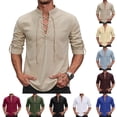 thumbnail image 2 of IAJDKMEK Men's Long Sleeve Henley Shirts - Retro Lace-Up Pullover Tee for Men with V-Neck and Breathable Linen Blend for Renaissance Costume Wear,Wine S, 2 of 8