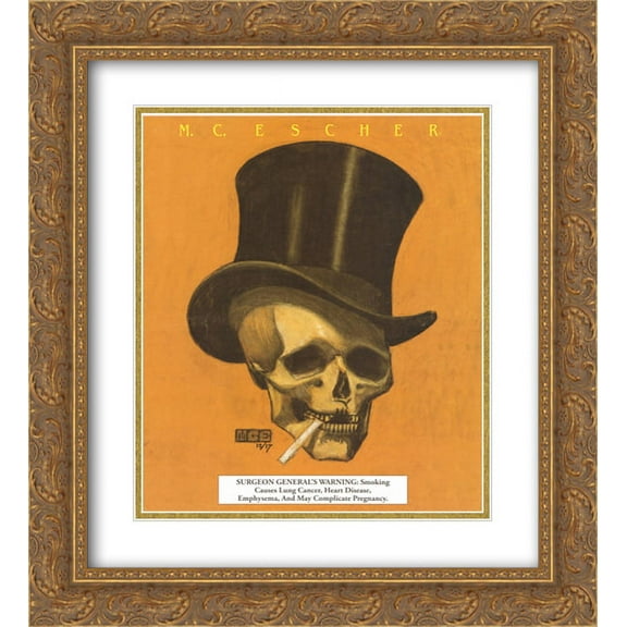 M.C. Escher 2x Matted 20x24 Gold Ornate Framed Art Print 'Skull with Cigarette'