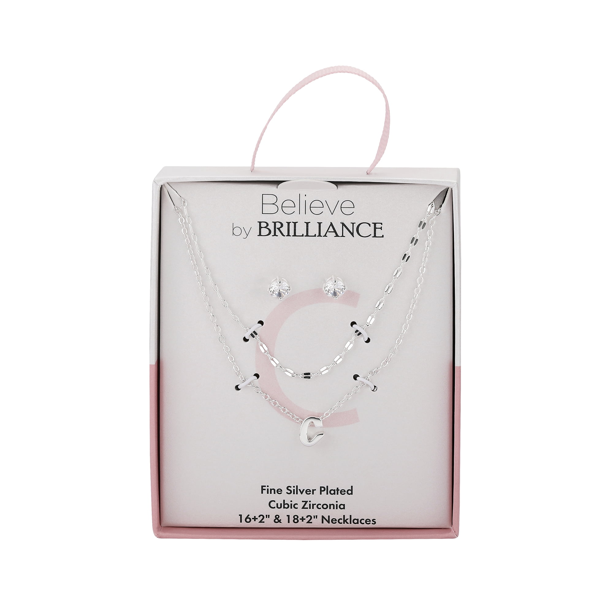 Believe by Brilliance Women's Initial C Slider Layered Necklace and Stud Set, 16+2"/18+2"