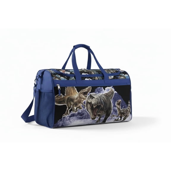Jurassic World Kids Duffle Bag 16.5" Dinosaur Travel & Sports Bag with Zipper Pocket, Mesh Side Pockets & Strap