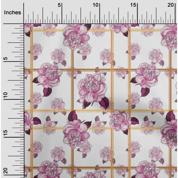 oneOone Georgette Viscose Pink Fabric Check|Leaves & Floral Artistic Craft Projects Decor Fabric Printed By The Yard 42 Inch Wide