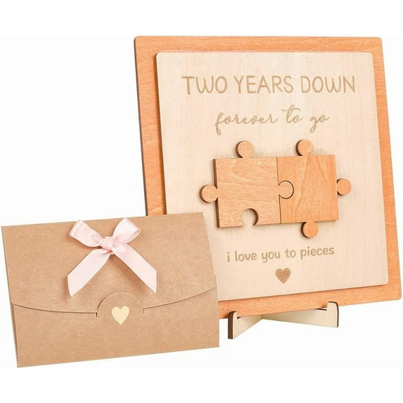 Anniversary Puzzle Piece 2 Year Anniversary Card Wooden Board Plaque Romantic Personalized Envelope Base Sign Present Ornament Sets for Men Women Couple Wedding Gifts Home Desktop Decoration Coral