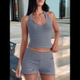 thumbnail image 4 of Conjuntos de 2 Piezas para Mujer: Conjuntos de Estar por Casa A Juego, Top con Lazo y Cuello Halter, y Pantalones Cortos de Cintura Alta. Azul y Ocultos L, 4 of 8