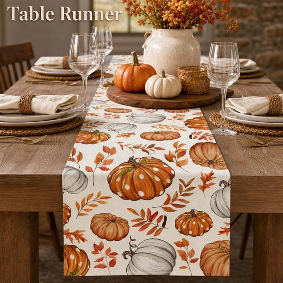 Pumpkin Mushroom Fall Table Runner, 13 x 72-Inch Autumn Leaves Harvest Thanksgiving Table Decor for Kitchen, Dining Room, Mantel and Farmhouse Party