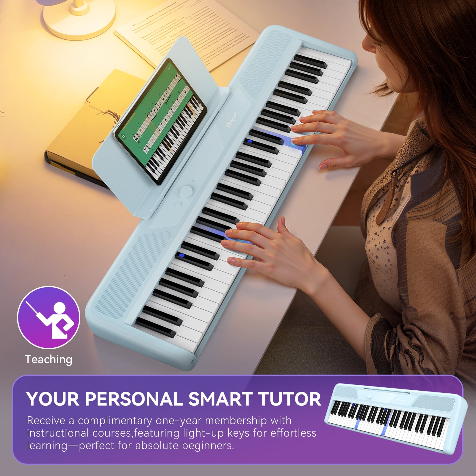 Rhymo 61 Key Smart Piano Keyboard for Beginners,Learning Keyboard with Light up Keys, Velocity Sensitive Electric Piano Keyboard & App Learning(Blue)