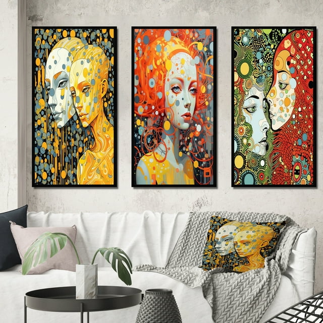 Designart "Hot Robots in Love Retro Romance" Robot Framed Wall Art Set Of 3 - Yellow Modern Frame Gallery Wall Set For Home Decor