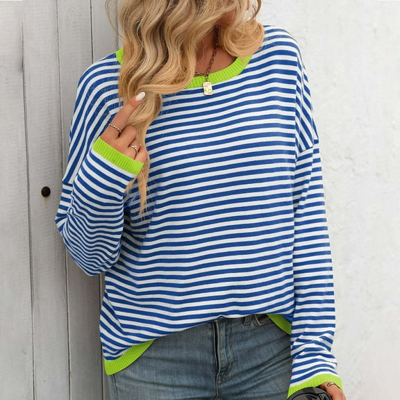 Black_Friday Clearance Sweaters Under 5 Adults Fayshow0 Fashionable Women'S Striped Printed Round Neck Long Sleeved Pullover Sweater