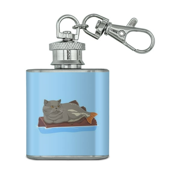 Catfish Mercat Cat Mermaid Sitting On Log Stainless Steel 1oz Mini Flask Key Chain