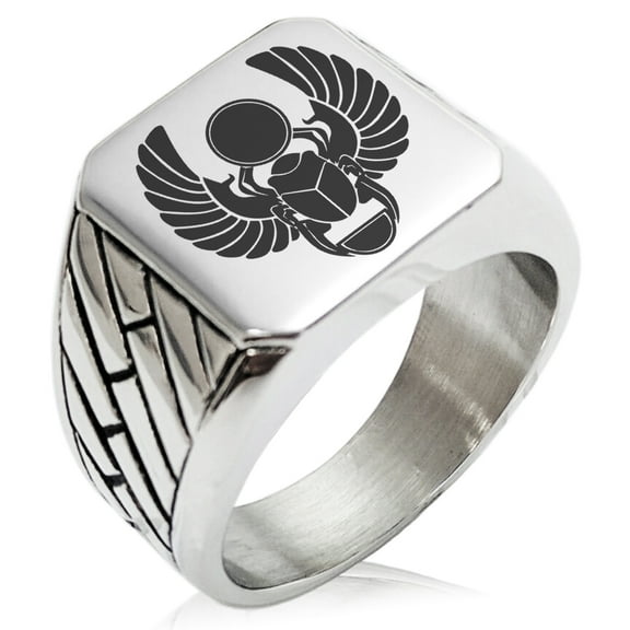 Stainless Steel Scarab Beetle Sacred Sun Geometric Pattern Biker Style Polished Ring