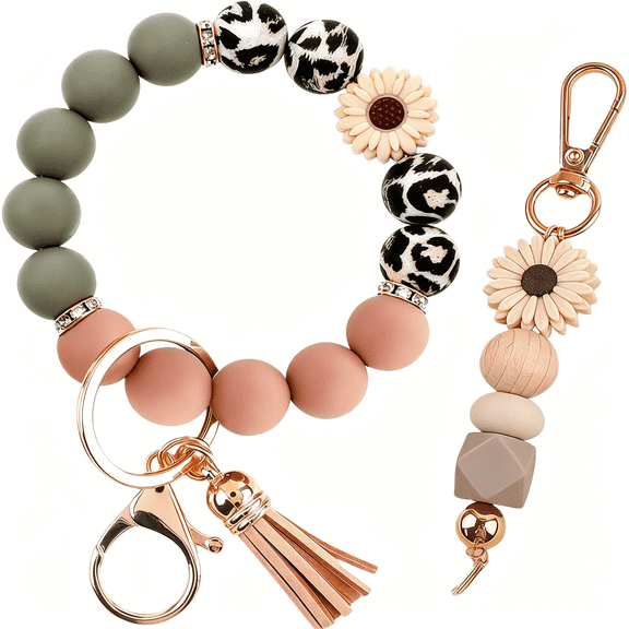 DESIGNICE 2Pcs Bracelet Key Ring Set,Cute Car Key Chain Wristlet,Silicone Beaded Bangle Keychains for Women Girls
