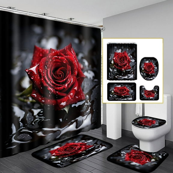 Modern Blue Butterfly Shower Curtain Set with Rugs, Toilet Lid Cover, Bath Mat, 3D Butterfly Roses Bathroom Decor Shower Curtain Sets, Soft Waterproof Fabric Bathroom Shower Curtains with Hooks