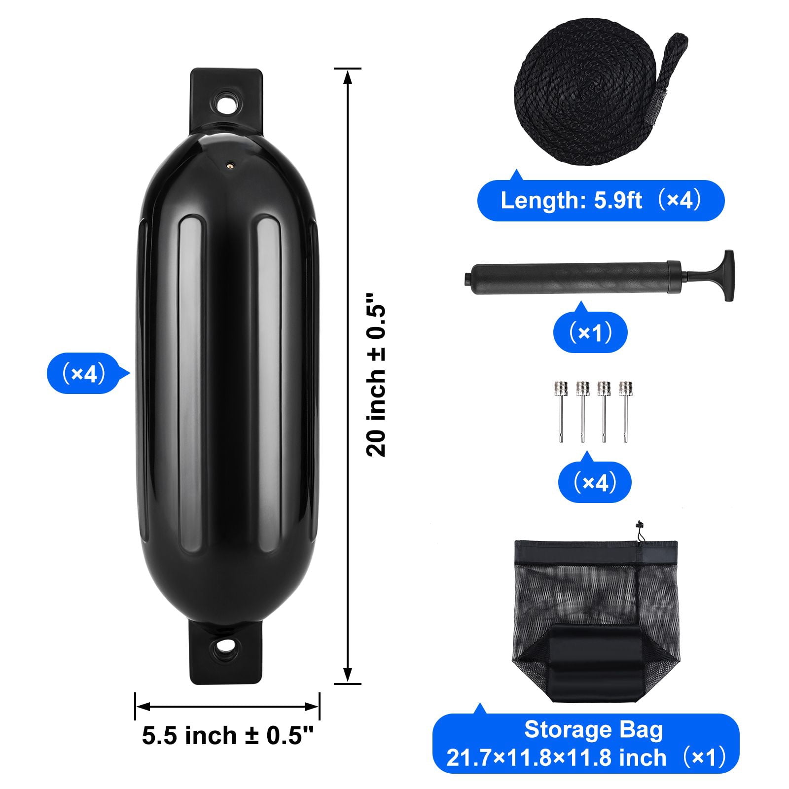 Boat Fenders, 5.5" x 20" Boat Bumpers for Docking, Inflatable Ribbed Fender with Center Holes, Marine Boat Dock Fender Bumper with Air Pump, 4 Needles and 4 Ropes and Storage Bag, Black