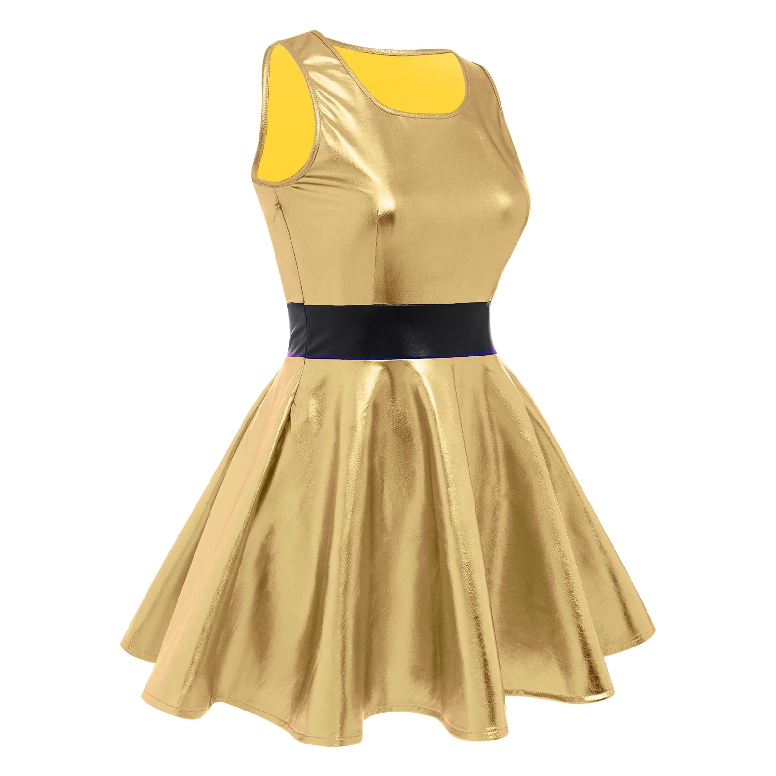 IBTOM CASTLE Women's Shiny Metallic Dress Sexy Sleeveless Mini Skater Dress Holographic Party Rave Dance Clubwear Anime Cosplay Halloween Clothes XL Gold
