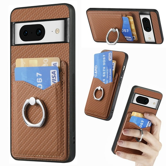Carbon Fiber Patterned Case for Google Pixel 8, Wallet case with [360°Rotation Ring Kickstand] Credit Card Holder,PU Leather Shockproof Cover Women Men for Google Pixel 8, Brown