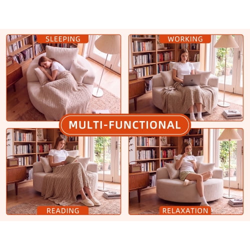 55" Oversized Round Swivel Chair, 360° Rotating Chenille Cotton Blend Accent Chair with High-Density Foam Cushion, Modern Comfy Seating for Living Room, Bedroom, Reading Nook – Beige