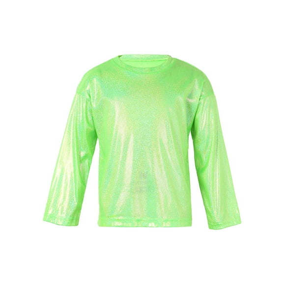 iiniim Kids Girls Boys Shiny Metallic Long Sleeve Dance Tops Sports T-Shirt Jazz Hip Hop Stage Performance Costume Green 120
