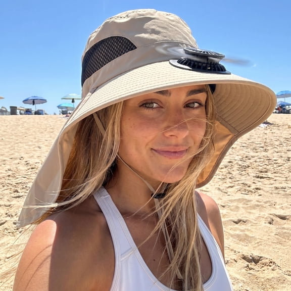 Solar Fan Sun Hat With Full Mosquito Net Face Shield, UV Blocking Neck Flap Breathable Cooling Headwear For Fishing Gardening Hiking Yard Work(Khaki)