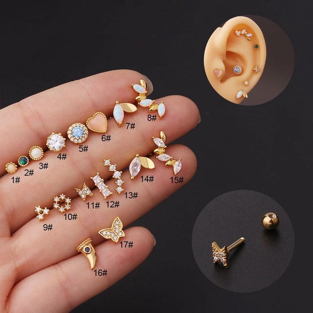 Pendientes de acero de titanio de 16 g con gemas gruesas, pendientes de moda con circonitas para perforación de hueso de oreja y uña