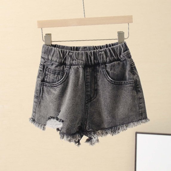 Ticikt Girls Ripped Jean Shorts 5-13Y, Y2K Mid Waist Straight Leg Denim Shorts with Elastic Waistband & Frayed Hem,Color:Black,Size:10-11 Years