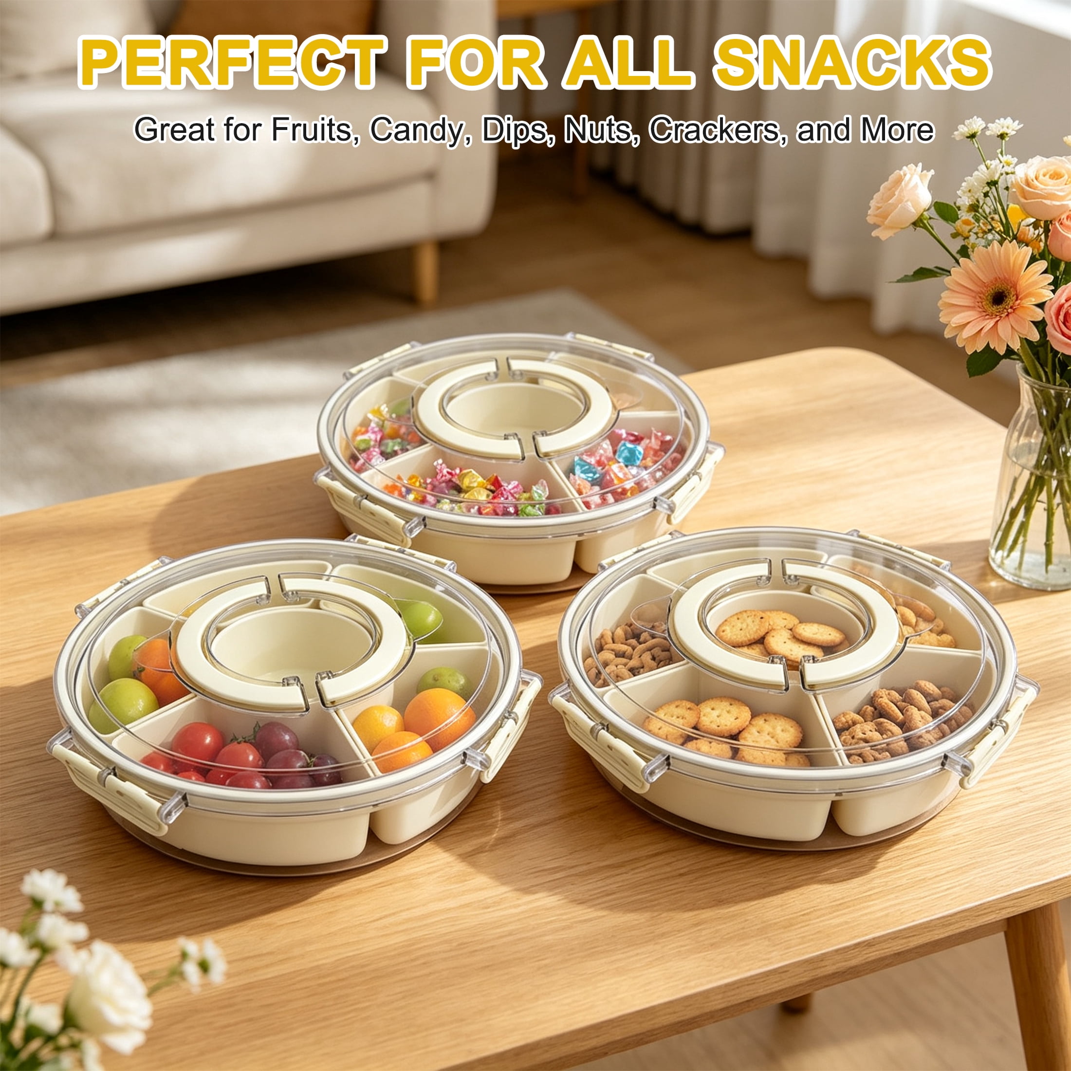 GARITIN Divided Serving Tray with Lid, Portable Snackle Box Container, Detachable Snack Platter for Fruit Nut Candy Dip