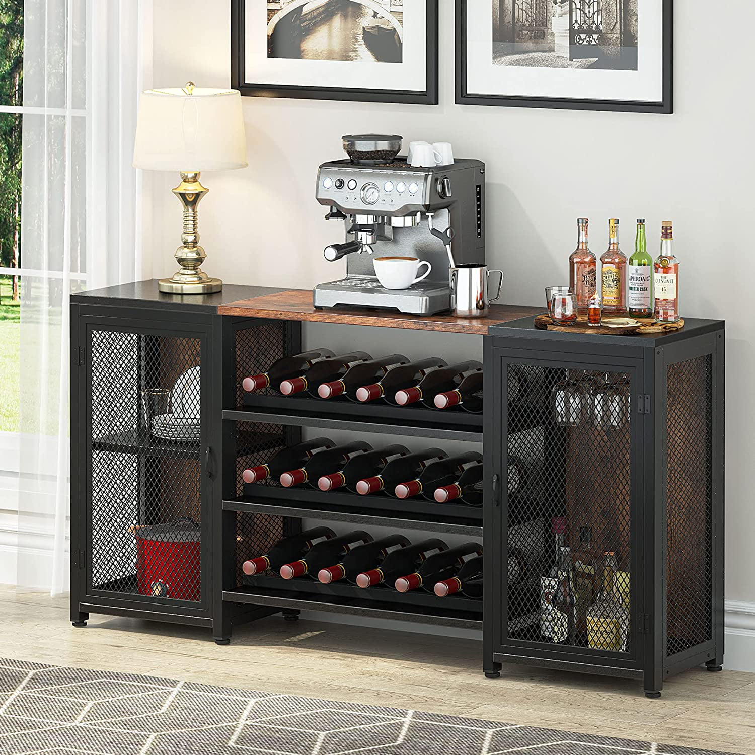 Espresso Wood Bar Wine Rack Liquor Cabinet with 24 Bottle Holder and Glass Storage