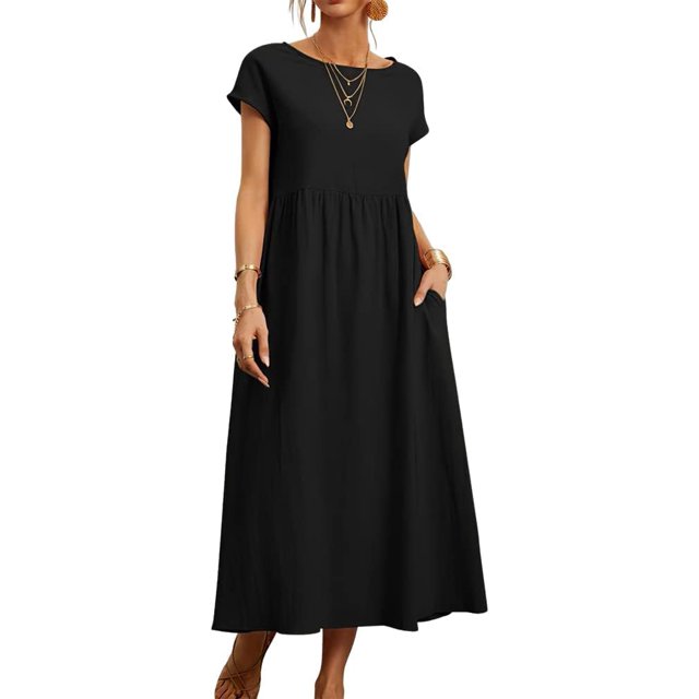 Robe de Plage Décontractée à Manches Courtes en Coton et Lin pour Femmes avec Poches