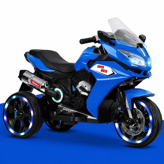 Sluting 12V Electric Kids Ride-On Trike Blue Racing Style, Full Body Multi-Color LED Glowing Wheels, Bluetooth MP3 Music, Dual 390 Motors 1.8-3.2 MPH, 66LB Load Rechargeable Play Toy for 3-6 Year