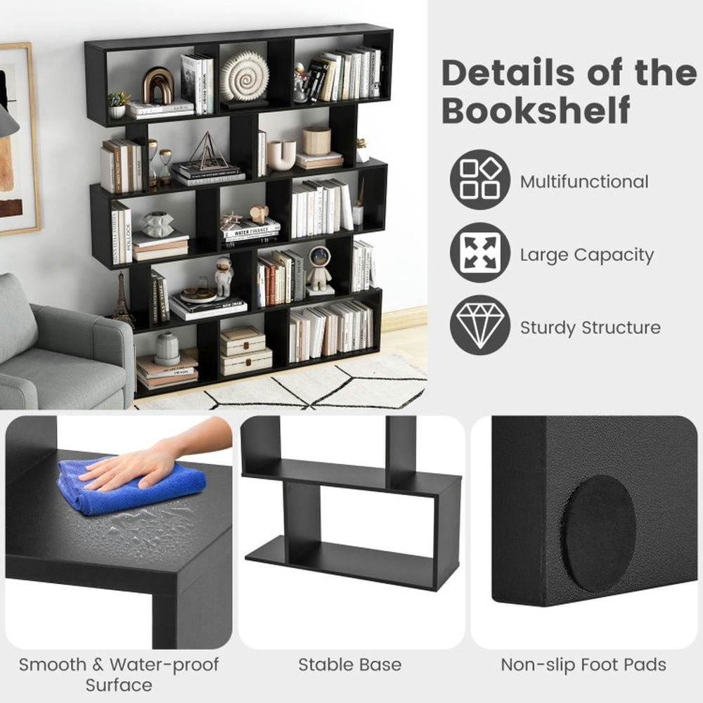 Demi Bonn 5-Tier Bookshelf with Anti-Toppling Device, Bookcase for Living Room Home Office, Black