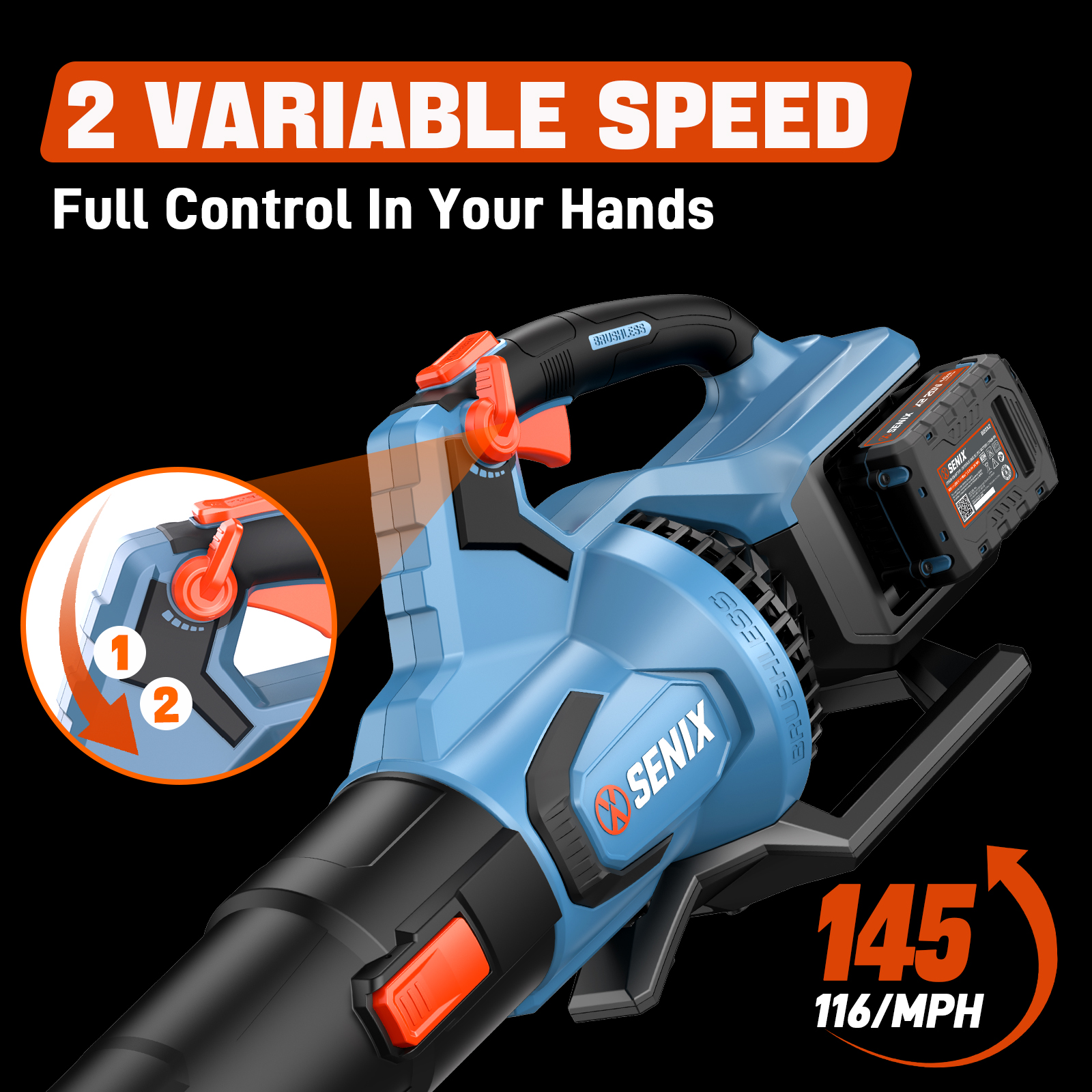 SENIX 40 Volt Max* Cordless Brushless Leaf Blower 700 CFM/145 MPH with 2 x 4.0AH Batteries & Dual-Port Charger Included, Cruise Control, Variable Speeds, BLAX2-M2