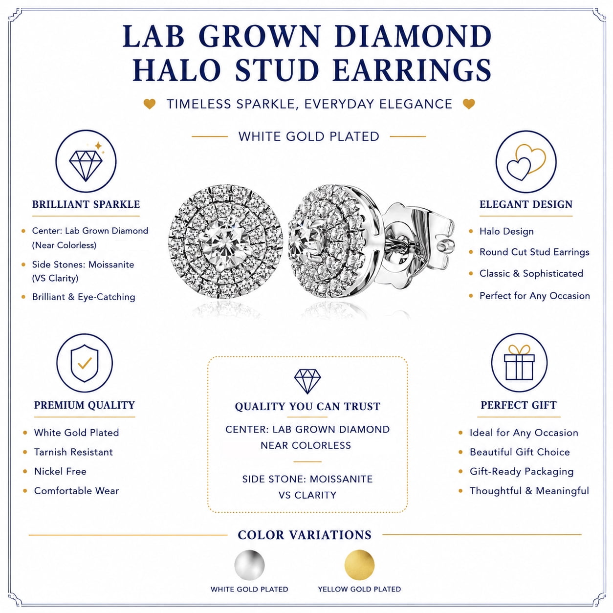 JeenMata Lab Grown Diamond Halo Stud Earrings - Round Cut Stud Earrings for Women in White Gold Plating