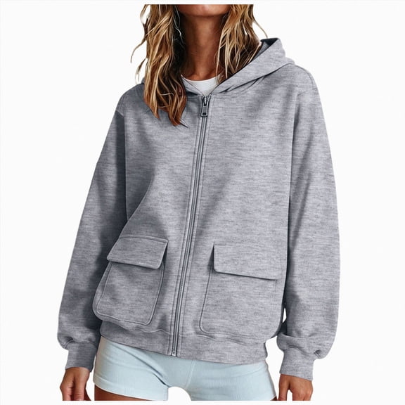 felwors Women's Long Sleeve Zip-Up Fleece Hoodie with Flap Pockets Oversized Utility Sweatshirt for Fall Casual Streetwear Grey for Size XXXL