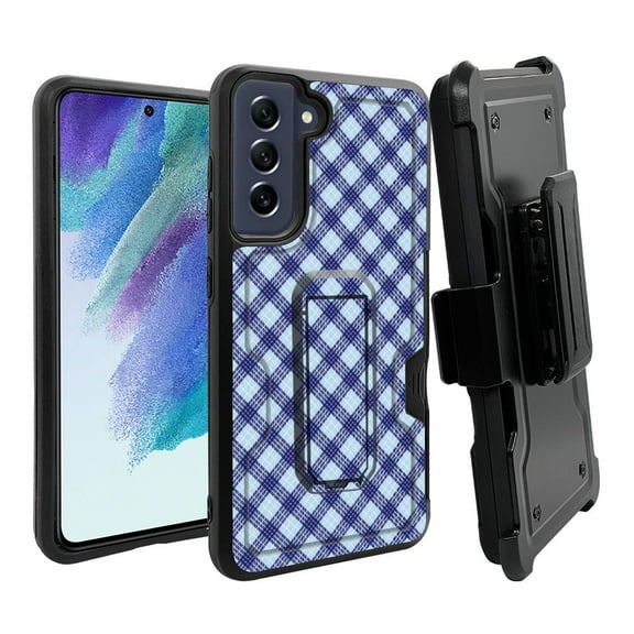 ANJ  Rugged Dual Layer Hybrid Holster Kickstand Case w/ Card Slot   Tempered Glass Cover for Samsung Galaxy S21 FE 5G - Blue Plaid