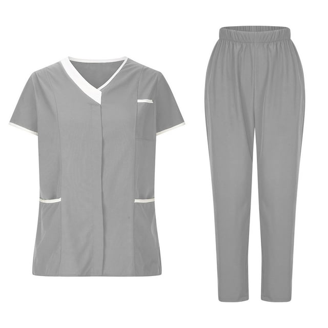 Ensemble de Blouses Médicales pour Femmes Col en V Extensible et Pantalon Taille Élastique avec Multi-Poches Anti-Rides Uniforme de Soins Infirmiers Doux Tunique de Clinique Gris