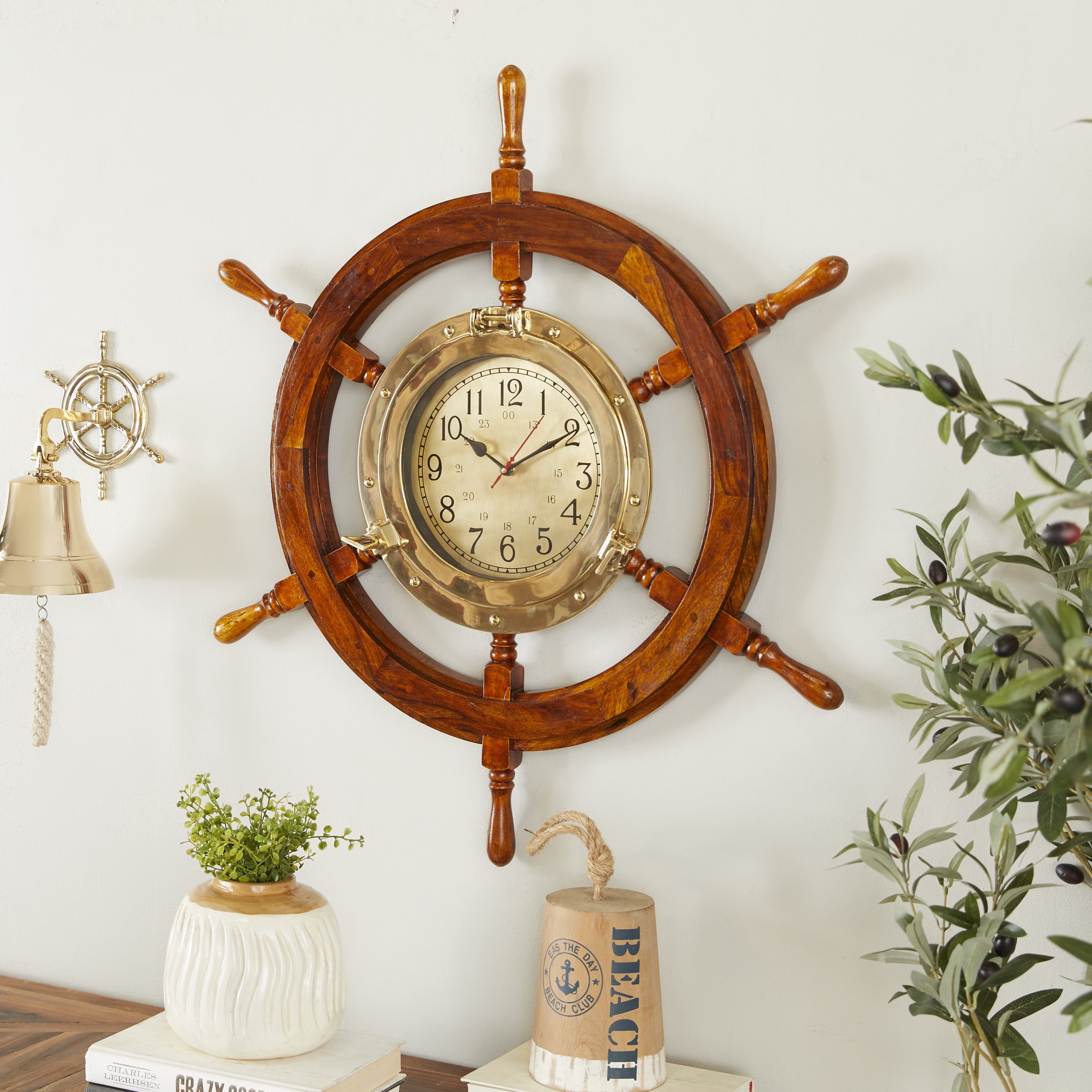DecMode 30" Gold Wood Sail Boat Ship wheel Wall Clock