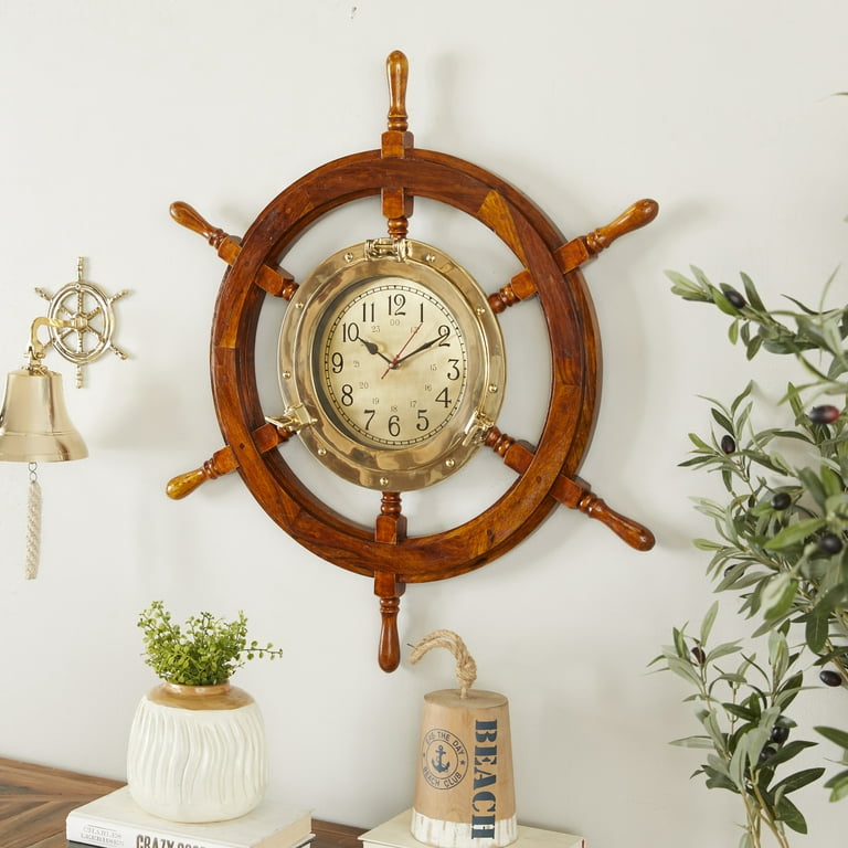 DecMode 30 Gold Wood Sail Boat Ship wheel Wall Clock 
