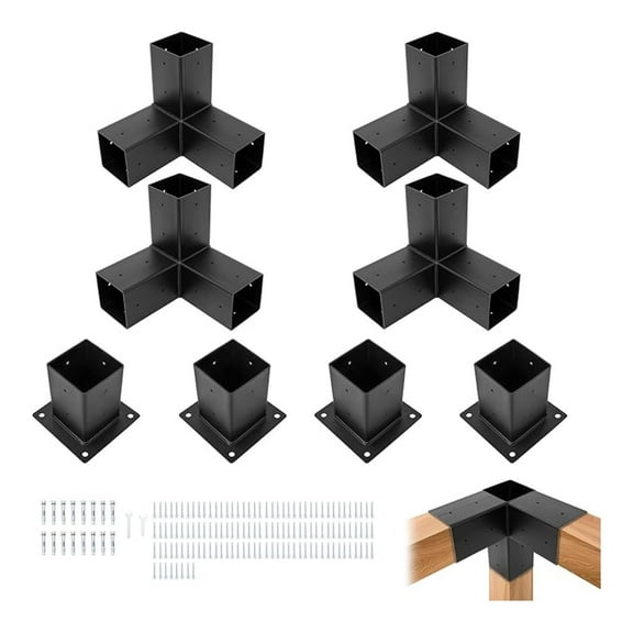 Pergola Brackets Kit (Actual 3.9''x3.9'') 4x4 Woodworks Pergola Kit with 3-Way Right Angle Corner Bracket and Base Bracket DIY Elevated Wood Stand Kit for Outdoor