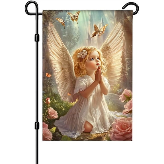 Praying Angel Garden Flag 12 x 18 Inch with Butterflies and Roses, Faith-Inspired Outdoor Yard, Porch and Garden Decoration