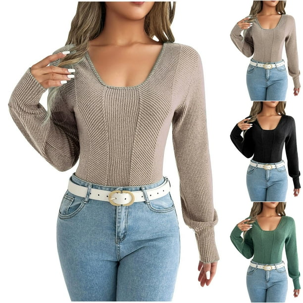 Camisas para mujer,Suéter de punto con cuello en V para mujer, jersey informal de manga larga, blusa de poliéster, corte holgado para uso diario, sopatenor