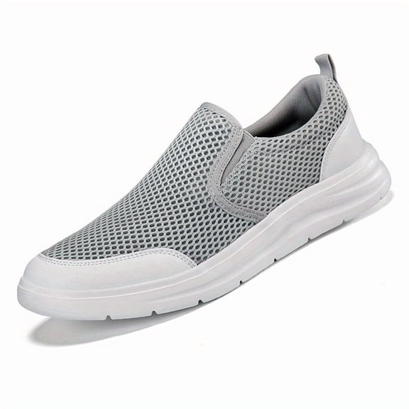 Men's Grey Large Mesh Breathable Slip-On Sneakers, Lightweight Casual Shoes, Non-Slip Platform Loafers for Summer