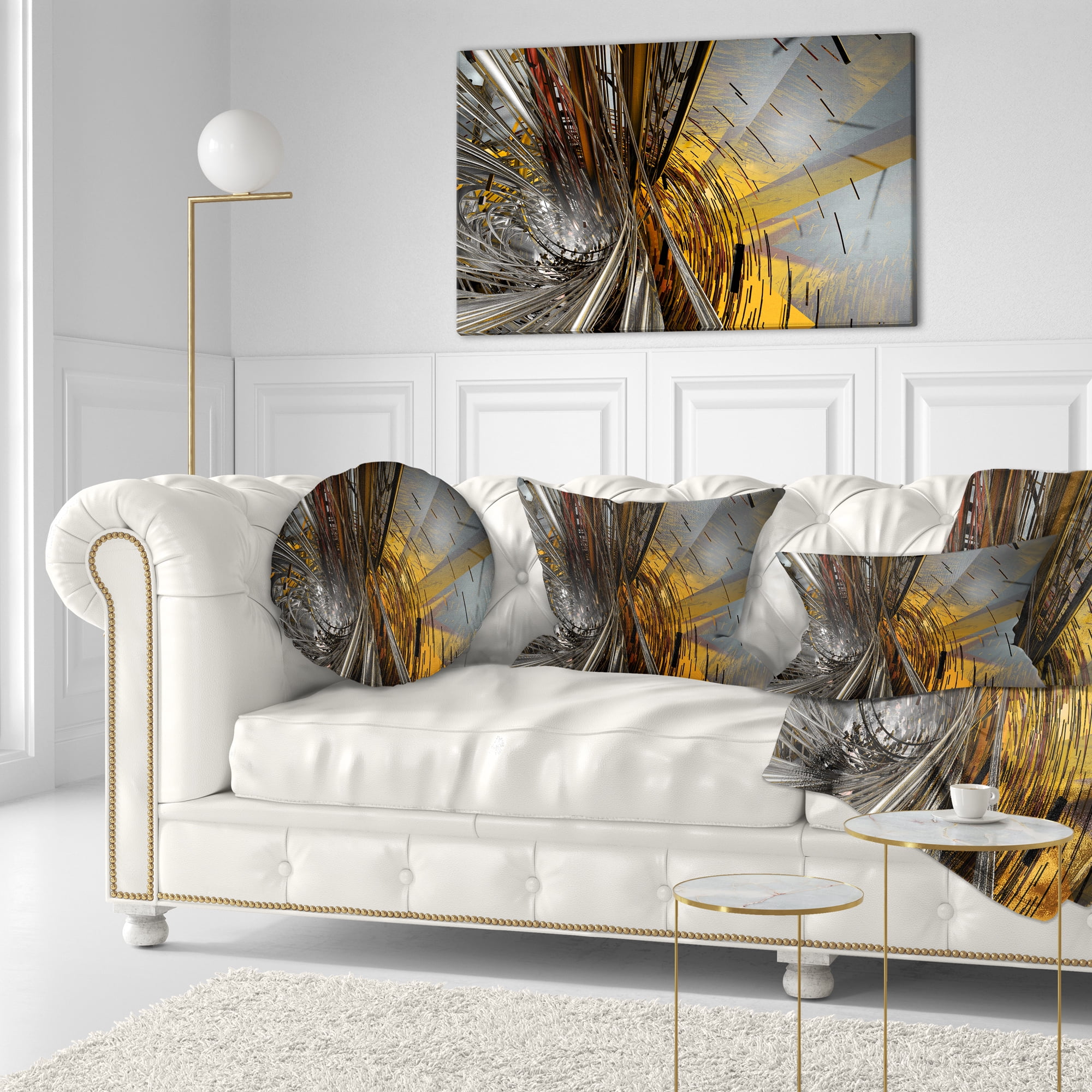 Designart Fractal Yellow Connected Stripes - Contemporary Throw Pillow - 12x20