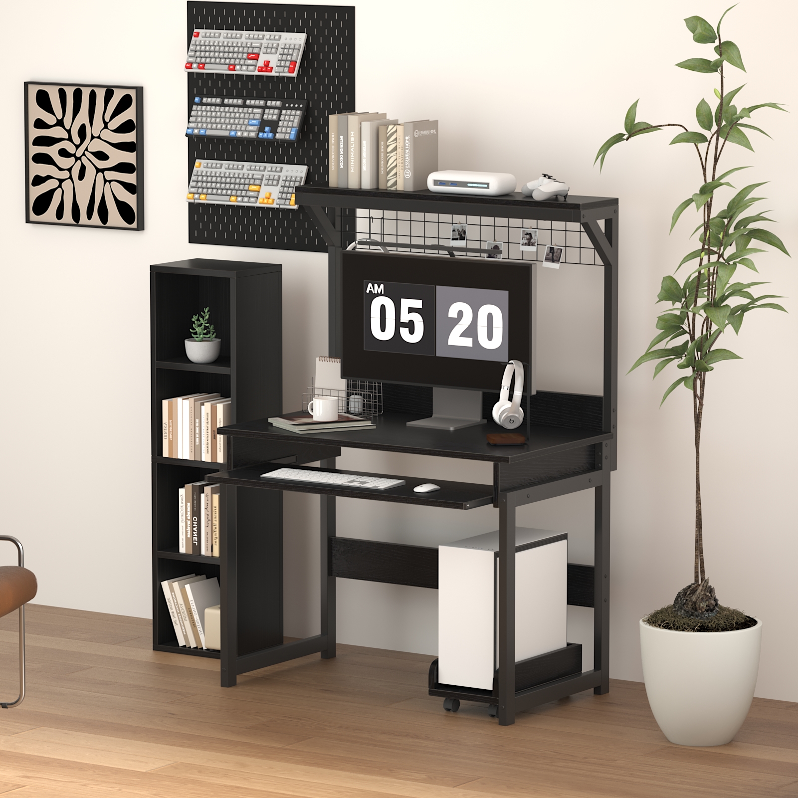 MIN EN WIN Retro Computer Desk with Storage Shelf and Keyboard Tray, Industrial Style Gaming Desk for Home Office,Black