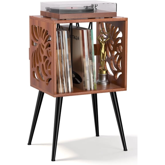 Stylish Record Player Stand with Storage, Holds 100 Vinyl Records | Mid-Century Turntable Stand with Hollowed Wood Sides, Vinyl Record Storage Cabinet, Compact Record Table for Small Spaces