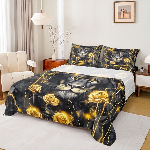 Homewish Animal Lion Boy Girl Twin Sheet Sets 3pcs,Chic Floral Golden Rose Twin Fitted Sheet Microfiber,Abstract Vintage Flowers Wildlife Breathable Flat Sheet,Ultra Soft Home Decor