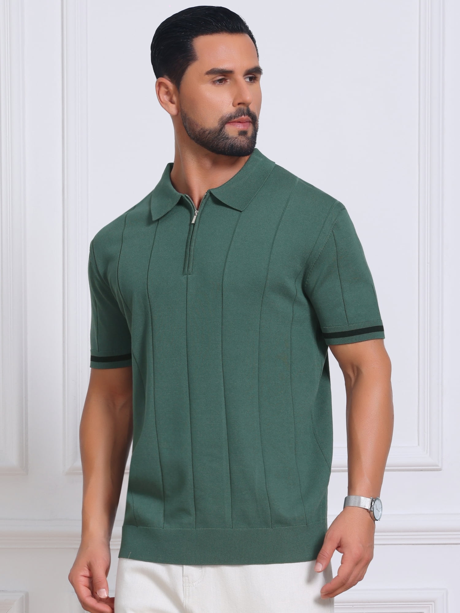 DARING DIVA Men's Textured Zip Up Ribbed Hem Short Sleeve Golf Polo Shirts M Green