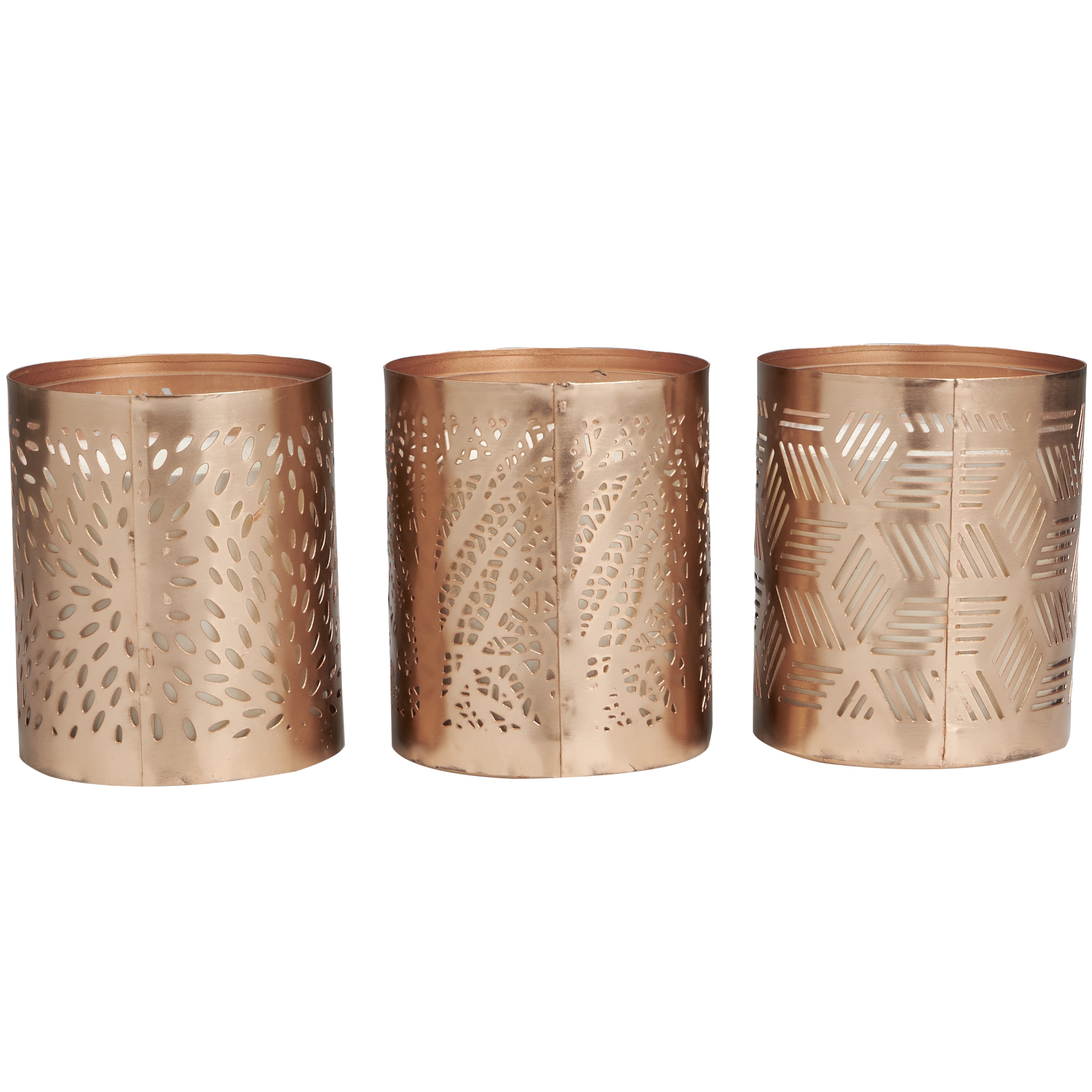 CosmoLiving by Cosmopolitan 3 Holder Copper Metal Geometric Campfire Scented 13 oz 1 Wick Candle with White Wax, (Set of 3)