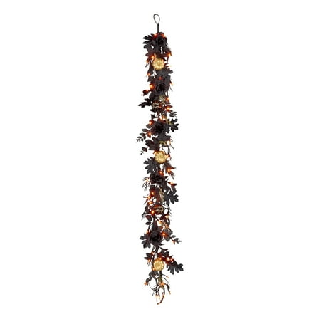 6 ft. Artificial Chic Eek Black and Gold Halloween Garland, 50 Orange LED Lights, Battery Operated